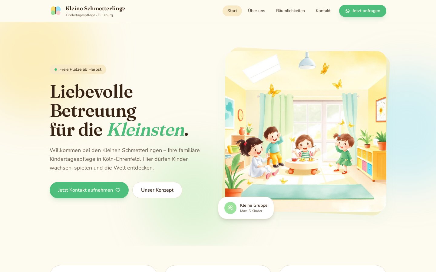 Desktop-Ansicht der Website Kleine Schmetterlinge — Kindertagespflege