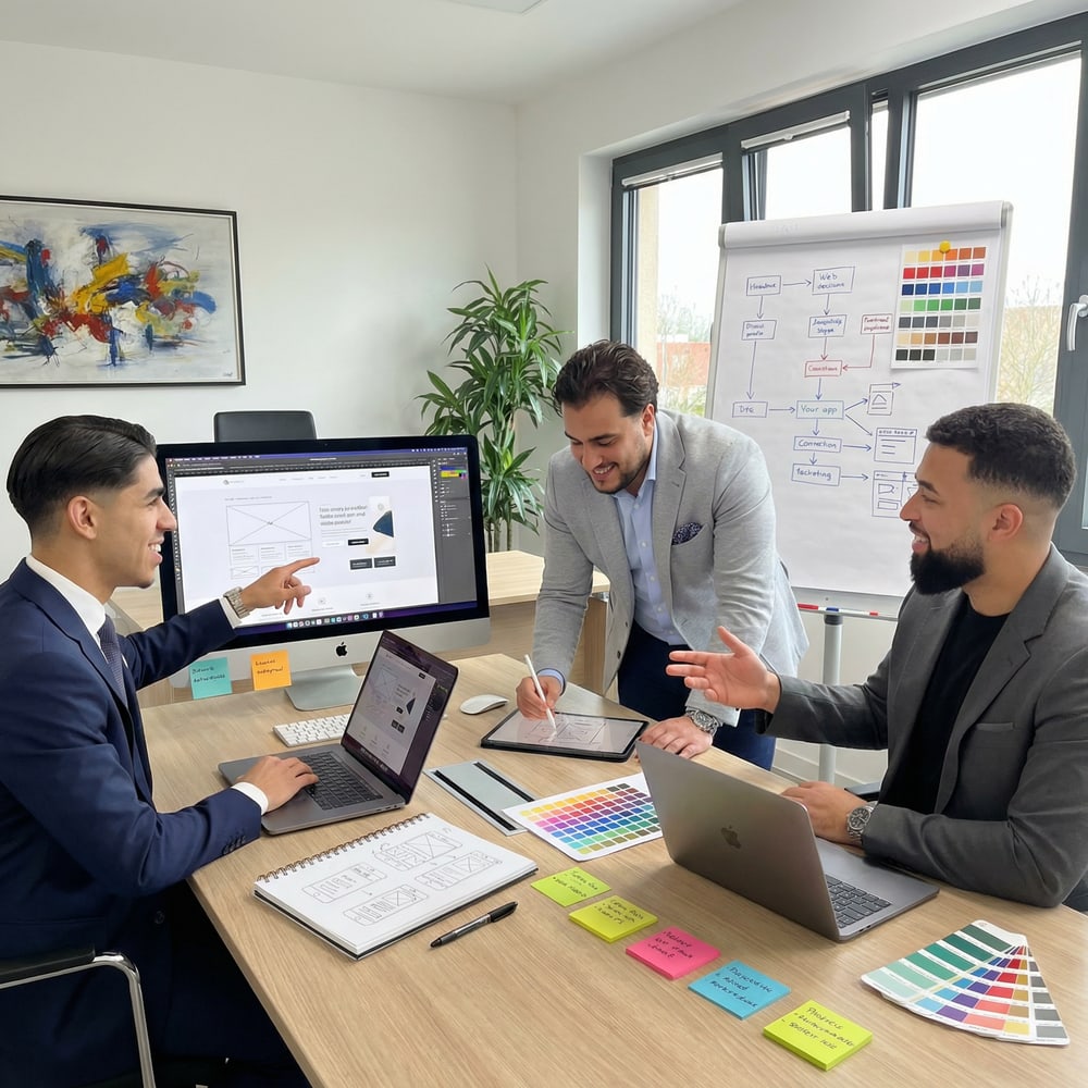 Das dreiköpfige Team von markeyting bei der Arbeit am Schreibtisch